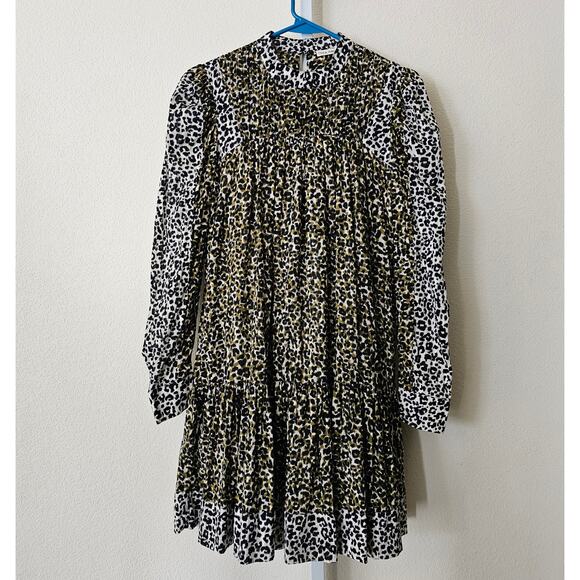 ULLA JOHNSON Amira Leopard Print Long Puff Sleeve Mock Neck Mini Dress Sz 2 - Picture 1 of 16
